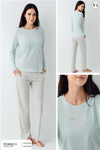 Pierre Cardin 9050 Kadın Uzun Kollu Bisiklet Yaka Pijama Takımı-Nil
