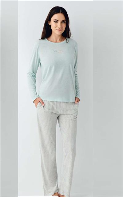Pierre Cardin 9050 Kadın Uzun Kollu Bisiklet Yaka Pijama Takımı-Nil
