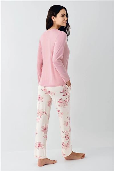 Pierre Cardin 9055 Kadın Düğmeli Bisiklet Yaka Uzun Kollu Pijama Takımı-Gülkurusu