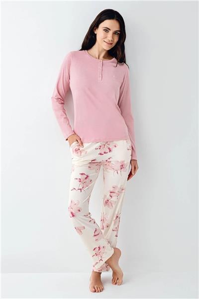 Pierre Cardin 9055 Kadın Düğmeli Bisiklet Yaka Uzun Kollu Pijama Takımı-Gülkurusu