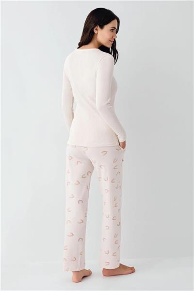 Pierre Cardin 9062 Kadın Düğmeli V Yaka Uzun Kollu Pijama Takımı-Tozpembe