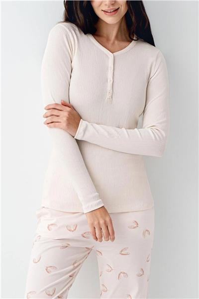 Pierre Cardin 9062 Kadın Düğmeli V Yaka Uzun Kollu Pijama Takımı-Tozpembe