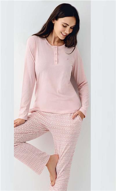 Pierre Cardin 9080 Kadın Düğmeli Bisiklet Yaka Uzun Kollu Pijama Takımı-Pembe