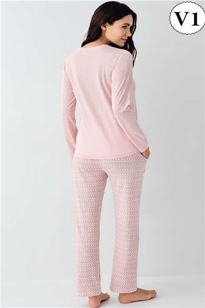 Pierre Cardin 9080 Kadın Düğmeli Bisiklet Yaka Uzun Kollu Pijama Takımı-Pembe
