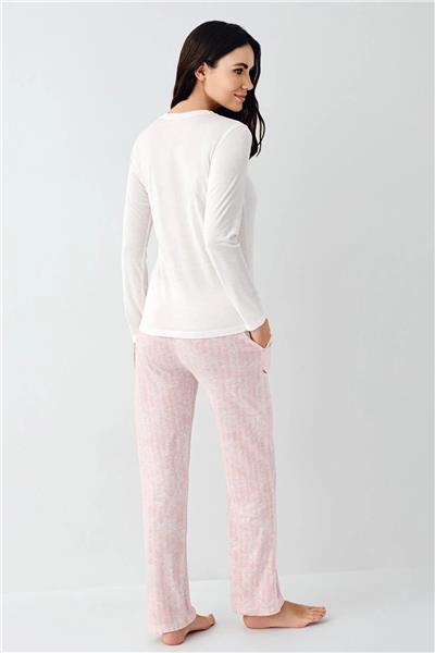Pierre Cardin 9085 Kadın Bisiklet Yaka Uzun Kollu Pijama Takımı-Beyaz