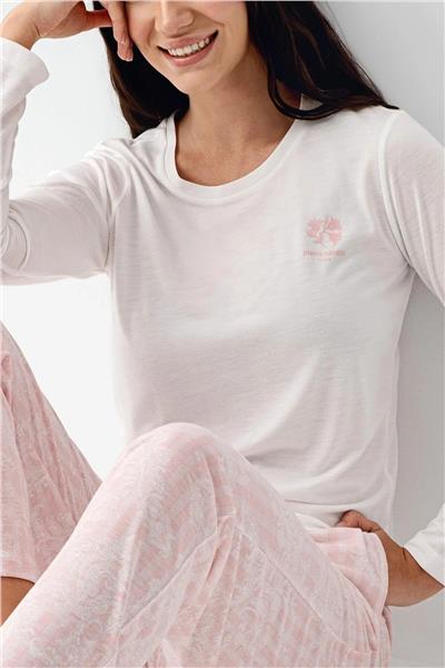 Pierre Cardin 9085 Kadın Bisiklet Yaka Uzun Kollu Pijama Takımı-Beyaz
