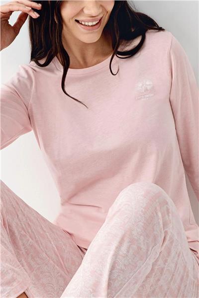 Pierre Cardin 9085 Kadın Bisiklet Yaka Uzun Kollu Pijama Takımı-Pembe