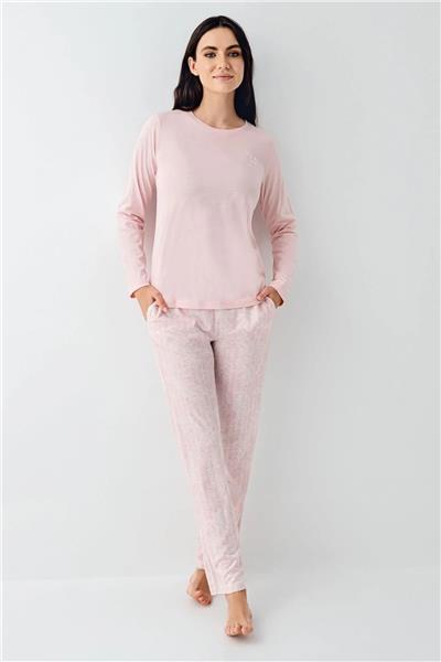 Pierre Cardin 9085 Kadın Bisiklet Yaka Uzun Kollu Pijama Takımı-Pembe