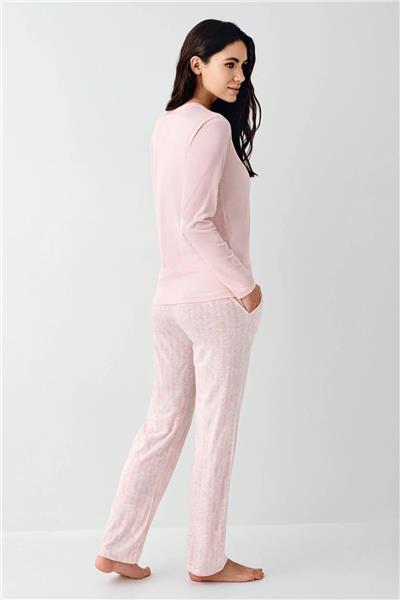 Pierre Cardin 9086 Kadın Düğmeli Bisiklet Yaka Uzun Kollu Pijama Takımı-Pembe