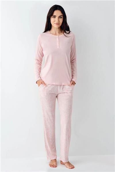 Pierre Cardin 9086 Kadın Düğmeli Bisiklet Yaka Uzun Kollu Pijama Takımı-Pembe