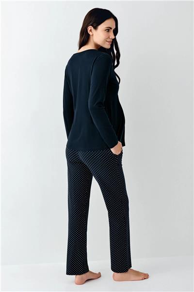 Pierre Cardin 9094 Hamile Lohusa Uzun Kollu Kruvaze Yaka Pijama Takımı-Lacivert