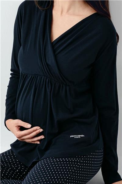 Pierre Cardin 9094 Hamile Lohusa Uzun Kollu Kruvaze Yaka Pijama Takımı-Lacivert