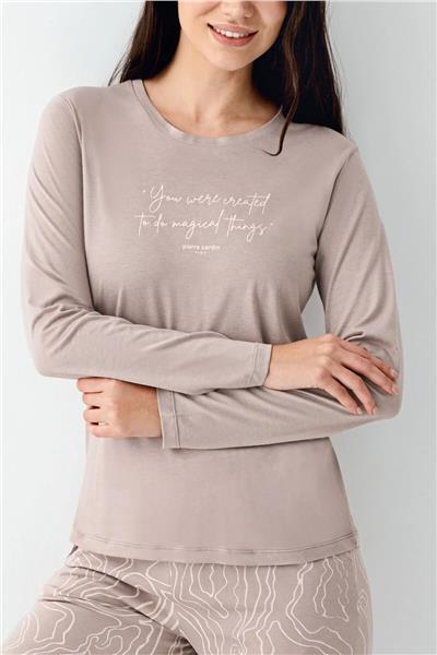 Pierre Cardin 9096 Kadın Uzun Kollu Bisiklet Yaka Pijama Takımı-Vizon
