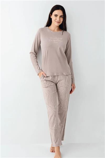 Pierre Cardin 9096 Kadın Uzun Kollu Bisiklet Yaka Pijama Takımı-Vizon