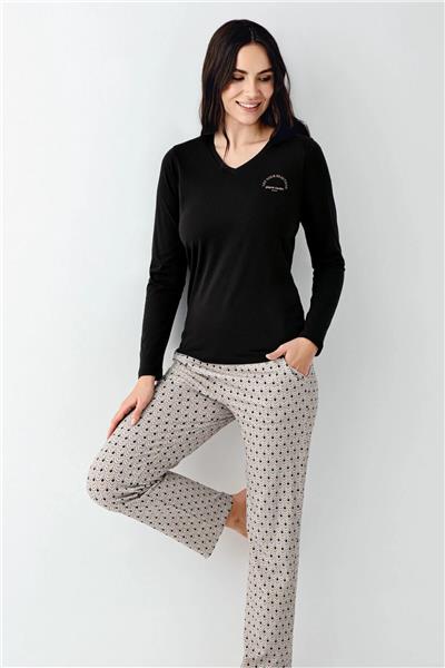 Pierre Cardin 9101 Kadın Uzun Kollu V Yaka Pijama Takımı-Siyah