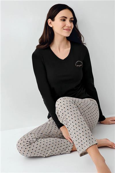 Pierre Cardin 9101 Kadın Uzun Kollu V Yaka Pijama Takımı-Siyah