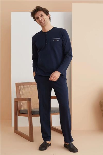 Polat 1250 Elitepoint Erkek Uzun Kollu Yakası Üç Düğmeli Pijama Takımı-Lacivert
