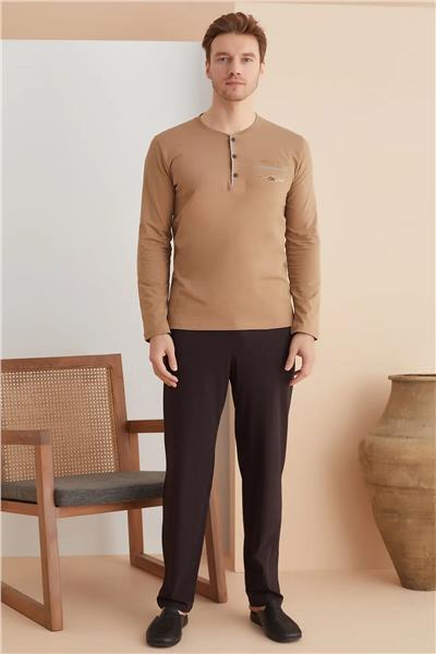 Polat 1250 Elitepoint Erkek Uzun Kollu Yakası Üç Düğmeli Pijama Takımı-Bej