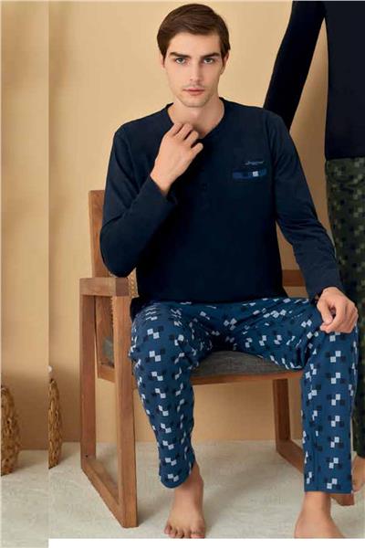 Polat 1601 Elitepoint Erkek Uzun Kollu Yakası Üç Düğmeli Pijama Takımı-Lacivert
