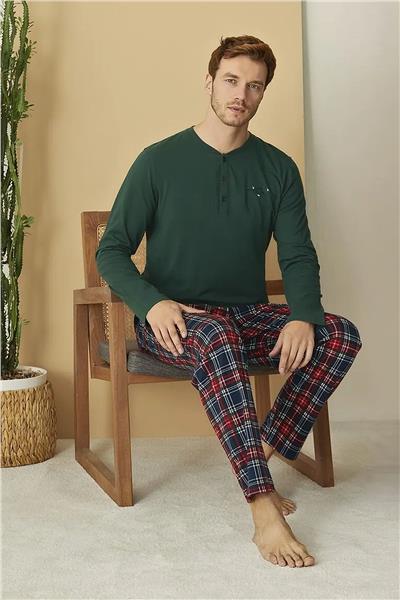 Polat 1606 Elitepoint Erkek Uzun Kollu Yakası Üç Düğmeli Pijama Takımı-Yeşil
