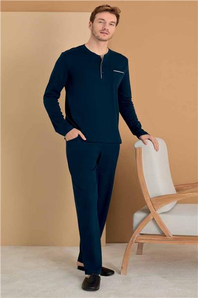 Polat 1614 Elitepoint Erkek Uzun Kollu Yakası Üç Düğmeli Pijama Takımı-Lacivert