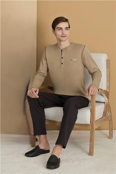 Polat 1615 Elitepoint Erkek Uzun Kollu Yakası Üç Düğmeli Pijama Takımı-Bej