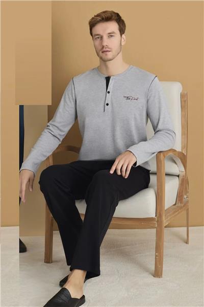 Polat 1615 Elitepoint Erkek Uzun Kollu Yakası Üç Düğmeli Pijama Takımı-Gri