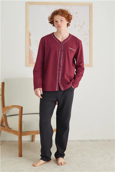 Polat 1623 Elitepoint Erkek Uzun Kollu Önden Düğmeli Pijama Takımı-Vişne