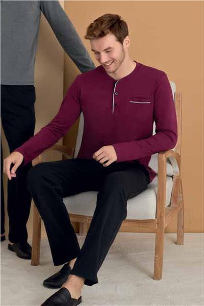 Polat 1625 Elitepoint Erkek Büyük Beden Uzun Kollu Yakası Üç Düğmeli Pijama Takımı-Vişne