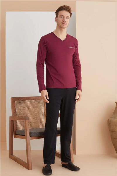 Polat 1626 Elitepoint Erkek Büyük Beden Uzun Kollu V Yaka Pijama Takımı-Vişne