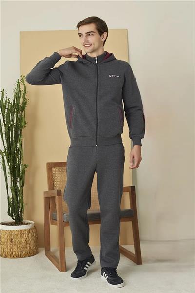 Polat 1644 Elitepoint Erkek Uzun Kollu Önden Fermuarlı Kapüşonlu Eşofman Takımı-Füme