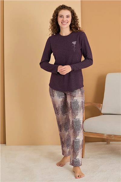 Polat 3102 Rozalinda Kadın Bisiklet Yaka Uzun Kollu Pijama Takımı-Mor