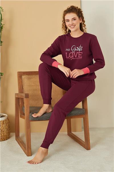 Polat 3105 Rozalinda Kadın Bisiklet Yaka Uzun Kollu Paçası Bantlı Pijama Takımı-Vişne