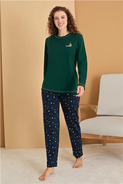 Polat 3107 Rozalinda Kadın Bisiklet Yaka Uzun Kollu Pijama Takımı-Yeşil