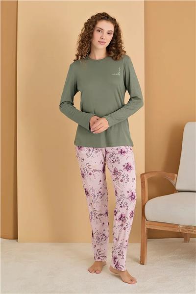 Polat 3108 Rozalinda Kadın Bisiklet Yaka Uzun Kollu Pijama Takımı-Yeşil