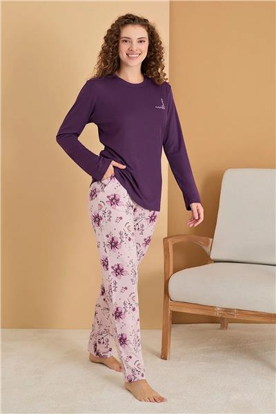 Polat 3108 Rozalinda Kadın Bisiklet Yaka Uzun Kollu Pijama Takımı-Mor
