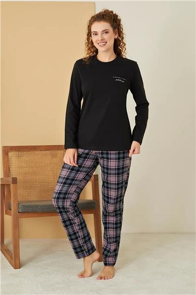 Polat 3114 Rozalinda Kadın Bisiklet Yaka Uzun Kollu Pijama Takımı-Siyah