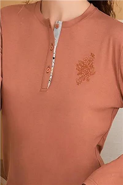 Polat 3116 Rozalinda Kadın Uzun Kollu Yakası Düğmeli Pijama Takımı-Kiremit