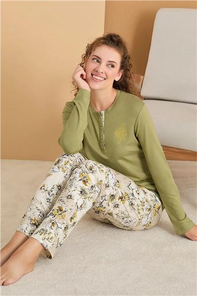 Polat 3116 Rozalinda Kadın Uzun Kollu Yakası Düğmeli Pijama Takımı-Yeşil