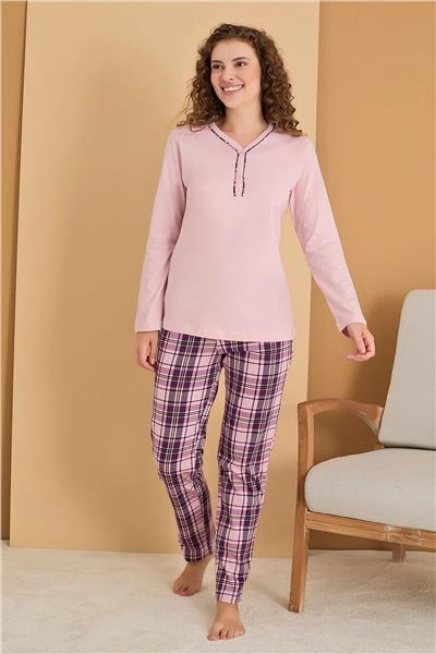 Polat 3117 Rozalinda Kadın Uzun Kollu Yakası Düğmeli Pijama Takımı-Pembe