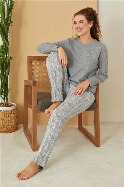 Polat 3118 Rozalinda Kadın Bisiklet Yaka Uzun Kollu Pijama Takımı-Gri