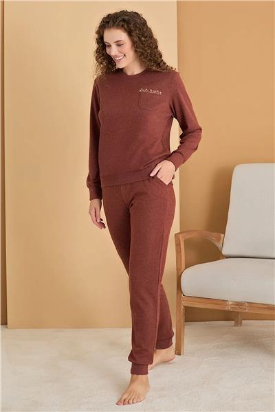 Polat 3119 Rozalinda Kadın Bisiklet Yaka Uzun Kollu Paçası Lastikli Pijama Takımı-Kiremit