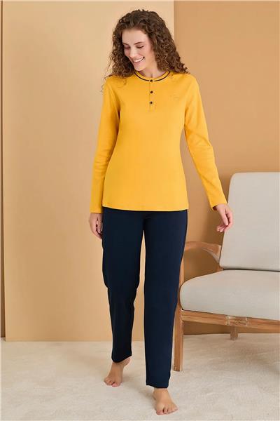 Polat 3120 Rozalinda Kadın Uzun Kollu Yakası Düğmeli Pijama Takımı-Sarı