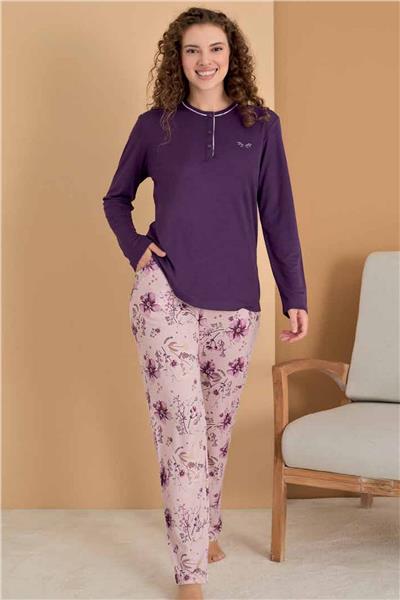 Polat 3121 Rozalinda Kadın Uzun Kollu Yakası Düğmeli Pijama Takımı-Mor