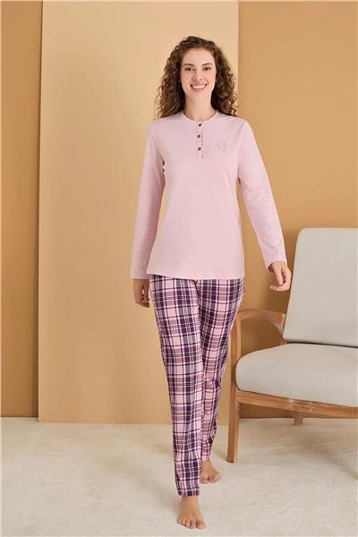 Polat 3127 Rozalinda Kadın Büyük Beden Uzun Kollu Yakası Düğmeli Pijama Takımı-Pembe