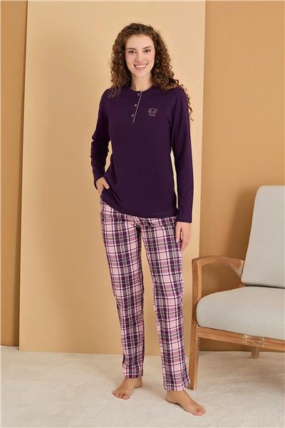 Polat 3127 Rozalinda Kadın Büyük Beden Uzun Kollu Yakası Düğmeli Pijama Takımı-Mor