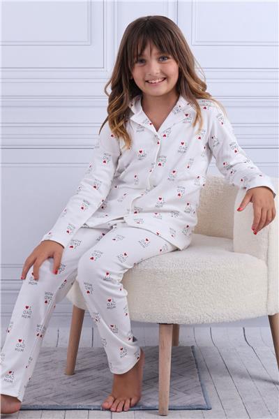 Tiril Tiril 100 Kız Çocuk Uzun Kollu Gömlek Pijama Takım-Beyaz