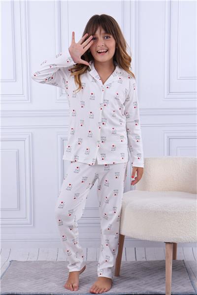 Tiril Tiril 100 Kız Çocuk Uzun Kollu Gömlek Pijama Takım-Beyaz