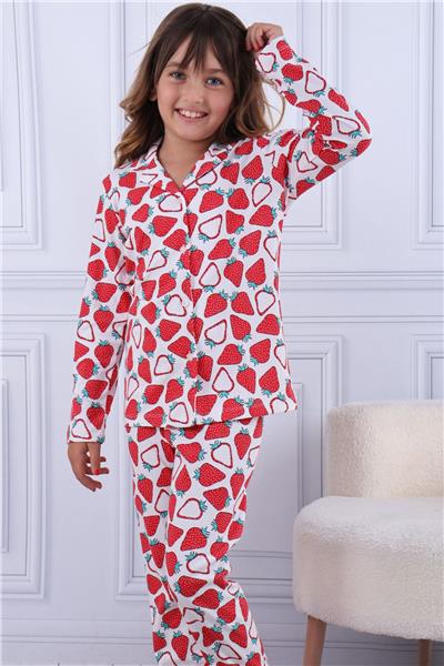 Tiril Tiril 101 Kız Çocuk Uzun Kollu Gömlek Pijama Takım-Kırmızı
