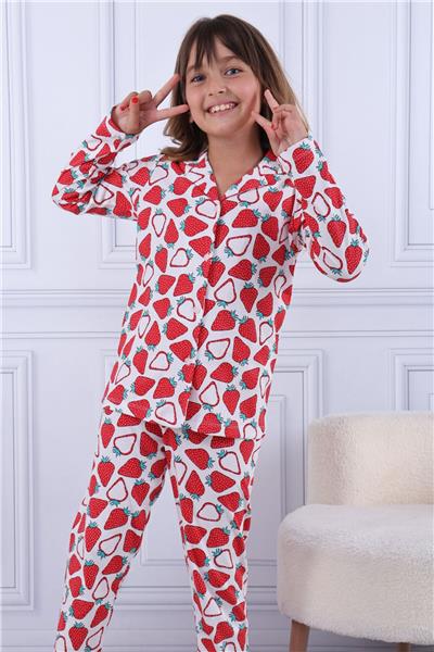 Tiril Tiril 101 Kız Çocuk Uzun Kollu Gömlek Pijama Takım-Kırmızı